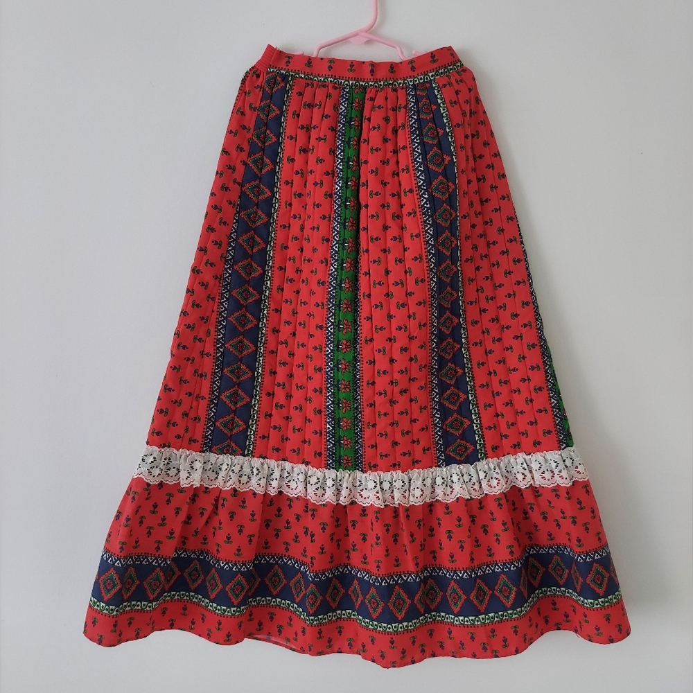 Vtg 70's Girls Quilted Folk Art Style Maxi Skirt